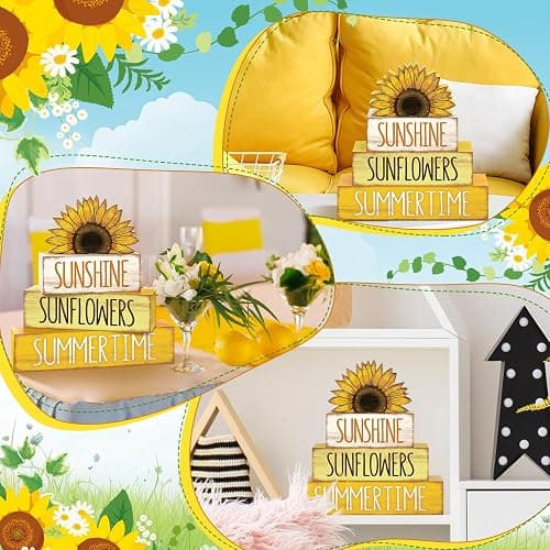 Burbell 4 Pcs Sunflower Table Decorations Wooden Tiered Tray Table Decor | Rustic Wood Blocks for Tiered Tray, Farmhouse Sunflower Decorations for Home Office, Smooth Polished Finish thumbnail 7