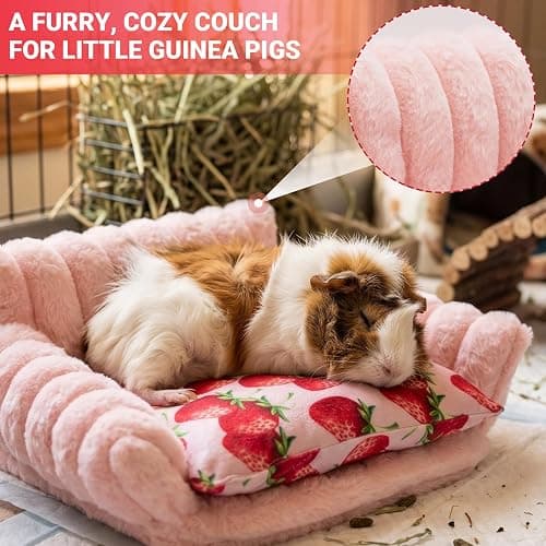 KAYCOWZA Guinea Pig Bed, Washable Fleece Pink Small Pet Cage Accessories | Strawberry Cozy Small Animal Sofa Couch for Guinea Pig, Bunny, Chinchilla, Hamster, Ferret, Hedgehog thumbnail 3