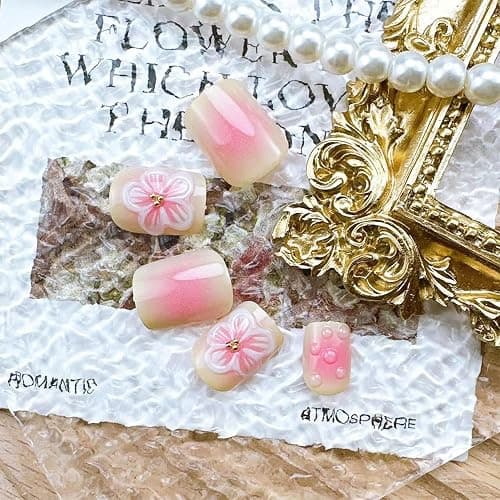 24pcs French Tip Press on Nails Short Square Fake Nails with 3D Flower Designs Pink Floral False Nail Kit Cute Flowers Artificial Acrylic Nails Kit Gradient Full Cover Glue on Nails for Women thumbnail 2