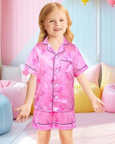 Kids Girls Pajama Set Silky PJS Button-Down Sleepwear Nightwear Loungewear Clothes Set Gifts thumbnail 3