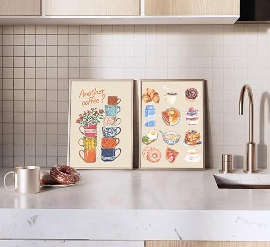 Modern Coffee Kitchen Canvas Wall Art Colorful Breakfast Food Croissant Painting Picture Wall Decor Trendy Coffee Cups with Flower Poster Print Artwork for Dining Room Bedroom Dorm Decorate, Unframed thumbnail 5