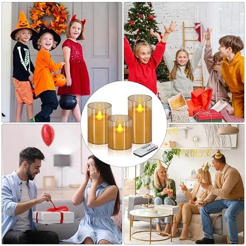 wemarry Flameless Candles 4" 5" 6" Acrylic Glass Pillars 3" Diameter Battery Operated Flickering Candles Include 8-Key Remote with Timer Function 400+ Hours (Amber, Warm Light 6 Pack) thumbnail 3
