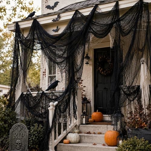 5 Pcs Black Halloween Gauze Creepy Cloth Fabric Tapestry Decor Decorations | 72 x 30 inch Black Halloween Decor, Indoor Outdoor Spooky Halloween Decorations for Home Wall Party Table Yard Haunted House thumbnail 4