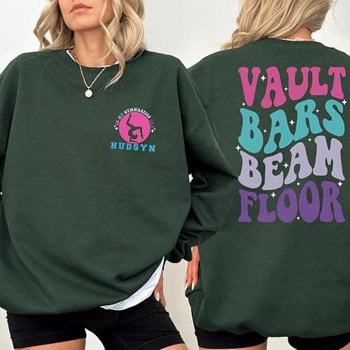 Personalized Name Gymnastics Vault Floor Bars Beam Youth Sweatshirt – Custom Girls Gymnast Sweatshirt, Gift for Gymnast, Youth & Adult Sizes White thumbnail 2