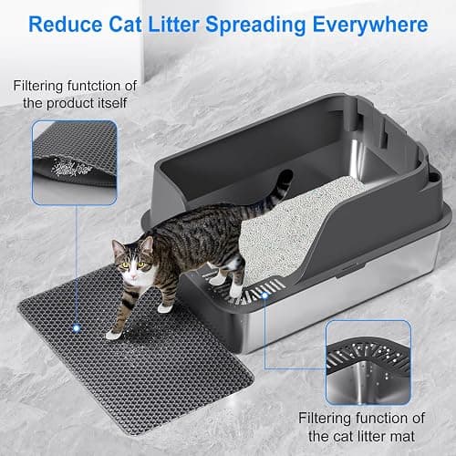 Stainless Steel Cat Litter Box with Lid, XL for Big Cats, High Sided | Metal Litter Pan, Anti Leakage, Odor-Free & Easy Cleaning, Included Scoop &Trash Bag*2 & Mat & Sticker, Grey thumbnail 4