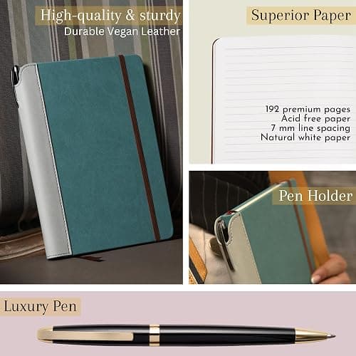 SETTINI® Lined Journal - Sleek Teal Journal for Writing Gift Set - Hardcover Vegan Leather, Includes Luxury Pen in a Unique Pen Holder, 192 Pages, 6 x 8.5 inches, Christmas Gifts thumbnail 4