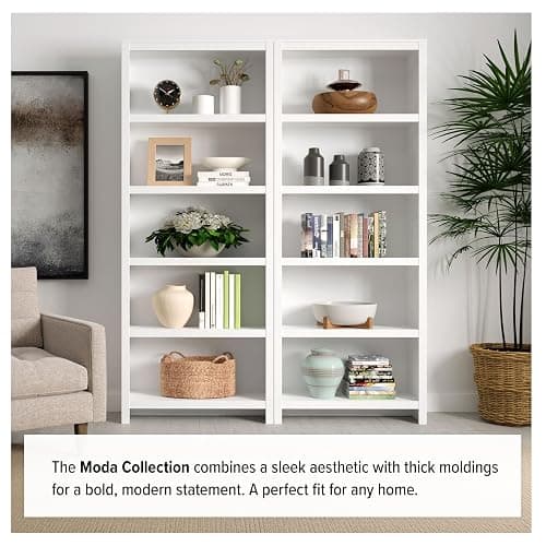 Prepac Moda 5-Tier Tall Wooden Bookcase, White Storage Cabinet, Display Cabinet, Bookshelf with Storage Shelves 31.75" W x 80" H x 12" D for Home Office, Living Room, Bedroom Organizer thumbnail 8