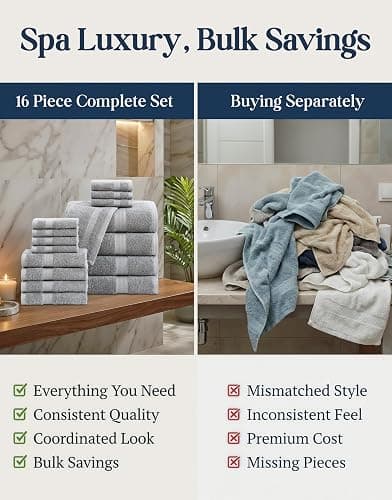 100% Cotton Bath Towels Set Soft Absorbent Quick Dry 16 Piece - Grey | Towels for the Bath, Absorbent & Durable, Ring-Spun, Ideal for Home & Spa, with OEKO-TEX thumbnail 6