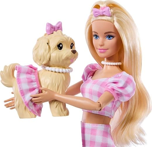 Barbie Twinning Looks Doll with Pet Dog in Matching Pink Gingham Clothes and Accessories for Both Like Sunglasses, Necklaces and Bows, Blonde thumbnail 4