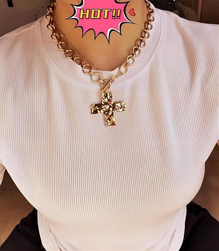 MQV Chunky Statement Gold Hammered Bold Cross Necklace Thick Chain Vintage Chain Pendant Jewelry thumbnail 4
