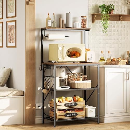 Huuger 4-Tier Bakers Rack with Reversible Power Outlet, 23.6 Inch Microwave Stand, Kitchen Coffee Bar, with Top Shelf, 6 S Hooks, Rustic Brown thumbnail 2