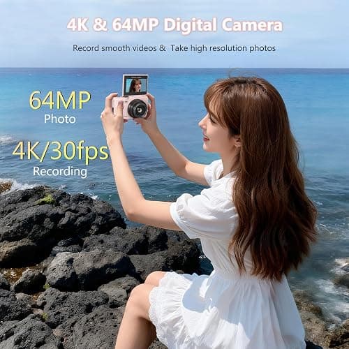 YYKLNYP 4K Digital Camera with 64MP Photos, Vlogging Camera with 180° Flip Screen, Compact Point and Shoot Camera with WiFi & 32GB Card, Easy-to-Use for Beginners and Travel, Pink thumbnail 2