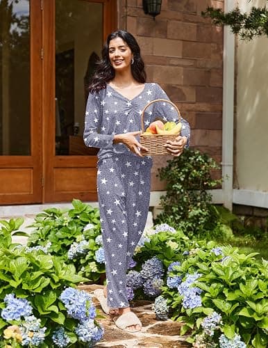 Ekouaer Womens 2 Pack Pajama Set Long Sleeve Pajamas Top and Pants V Neck Pjs Set Soft Sleepwear Loungewear thumbnail 3