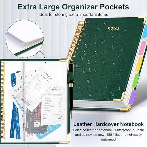 Hardcover Spiral Notebook 8"x10" Journal Notebook with Tabs and Removable Dividers 300 Pages 5 Subject Notebook College Ruled, Faux Leather Spiral Bound Notebook for Women School Work (Green) thumbnail 3