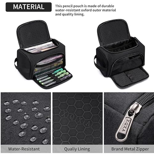 XQXA Large Capacity Pencil Case Organizer, Multifunctional Extra Big Pencil Pouch with Compartmens, Travel Simple Stationery Pen Bag, Fabric Pencil Bag for Men Women Girl Boy (Black) thumbnail 5