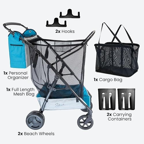 Strolee Large Wheeled Collapsible Beach Cart for Soft Sand, Shopping, Camping & Garden- Lightweight Aluminum Frame- Removable Storage Bag with Carrying Straps, X-L Capacity & Cooler Rack (Blue) thumbnail 3