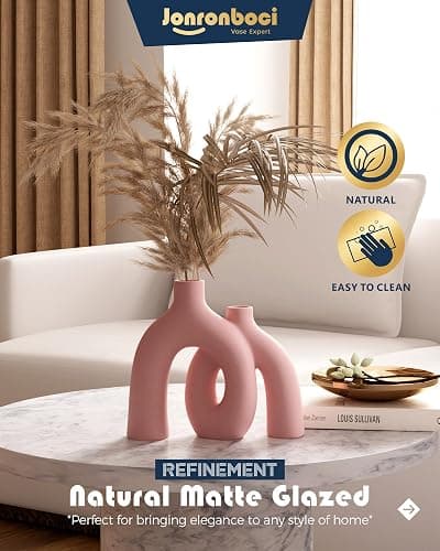 Hug Donut Decorative Vase Set - Light Pink Modern Glam Eclectic Style Vases Home Decor, Matte Ceramic Decorations for Living Room Shelf, Bookshelf Mantle Entryway Table or Console Décor(Pink) thumbnail 4