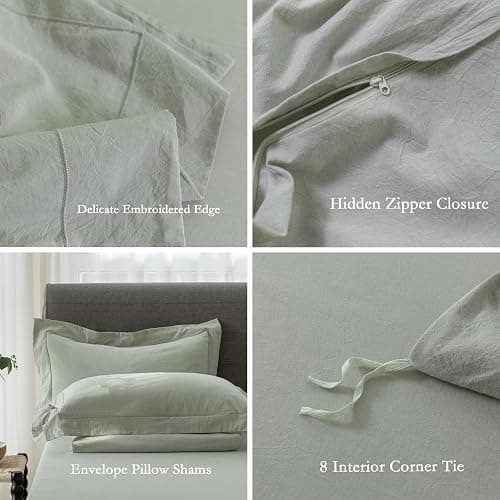 ELIMMO Cooling Twin Duvet Cover Set-100% Washed Cotton with Chic Wide Trim Design Linen Like Textured Ultra Soft Cozy Bedding with Zipper Closure(Hemmed Sage Green,Twin/Twin XL 68"x90") thumbnail 7