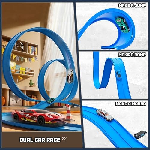 15.75 Ft Flex Track for Kids, Flexible Race Track Compatible with Hot Wheels and Diecast 1/64th Cars, Roll-Up Portable Race Car Ramp Track with Suction Cups & Track Anchors & 4 Race Cars, Blue thumbnail 2