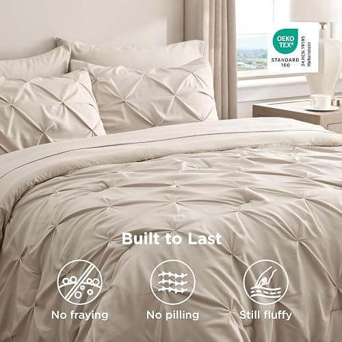 Bedsure Queen Comforter Set Beige - Bed in a Bag Queen Size Bedding 7 Pieces, GentleSoft™ Pintuck Bed Set Gift for Family, Pinch Pleat All Season Comforter with Sheets, Pillowcases & Shams thumbnail 7