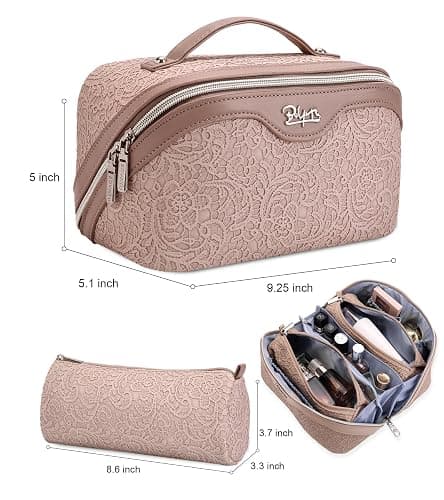 BOYATU Travel Makeup Bags Cosmetic Organizer Bag: 3-Set Large Capacity Make up Bag - PU Leather Toiletry Bags for Women - Wide Open Portable Pouch with Divider & Handle (A-Light Pink) thumbnail 4
