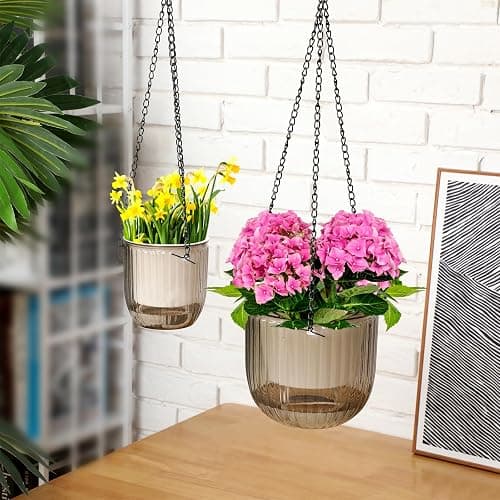 Maxcheck 4 Pcs Self Watering Hanging Planters Indoor Gift 6.5'' 4.5'' Hanging Flower Pots Baskets Outdoor Self Watering Plant with 3hooks Drainage Holes for Home(Grey,Clear) thumbnail 2