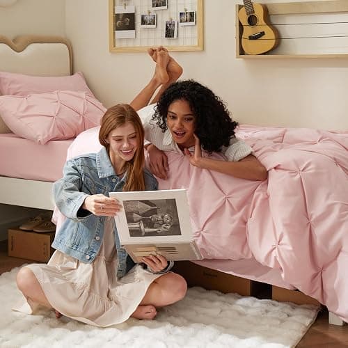 Bedsure Twin XL Comforter Set - Extra Long 5 Pieces Dorm Bedding Sets, Pinch Pleat Pink Bed in a Bag with Comforter, Sheets, Pillowcase & Sham thumbnail 4