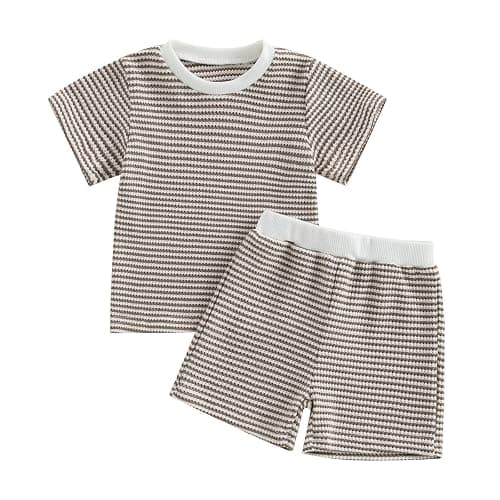 VISGOGO Boy Boy Girls Toddler Summer Outfit Striped T-shirt Toddler Boy Summer Clothes 6 12 18 Months 2 3 4 5 T Short Set - Image 1