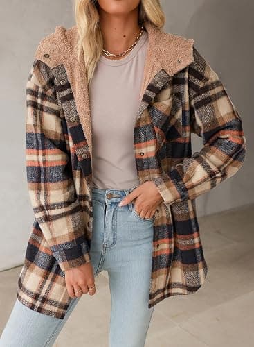 Dokotoo Women's Flannel Hooded Plaid 2025 Shacket Thick Coat Winter Coat for Warmth Button down Warm and Fuzzy Fleece Jacket thumbnail 2
