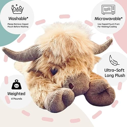 uoozii 20" | 4 Pounds Highland Cow Weighted Stuffed Animals with Unscented Microwavable Heating Pad, Cute Coolable Heatable Weighted Plush Warm Gift for Kids & Adults thumbnail 5