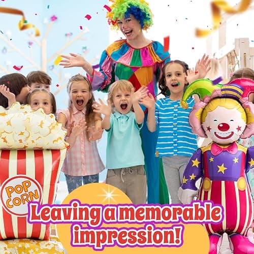 Charnoel 4 Pcs 4ft 3D Self Standing Popcorn Clown Balloons Giant Circus Carnival Foil Balloon for Carnival, Circus Themed, Movie Night Birthday Party Decoration thumbnail 5