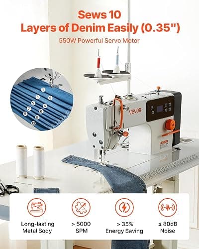 VEVOR Industrial Sewing Machine, 550W Lockstitch Sewing Machine Set with Servo Motor and Table Stand, 5000 SPM High Speed, Metal Frame, LCD Panel, LED Light, for Cotton, Wool, Denim, Leather, Canvas thumbnail 4