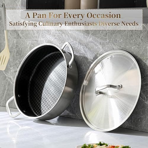 DELARLO Tri-Ply Stainless Steel Braiser Pan with Lid 5 Quart Nonstick Induction Rondeau Cooking Pot 12inch Deep Frying Pan Large Saute Pan Heavy Duty,Dishwasher and Oven Safe to 550℉ thumbnail 7
