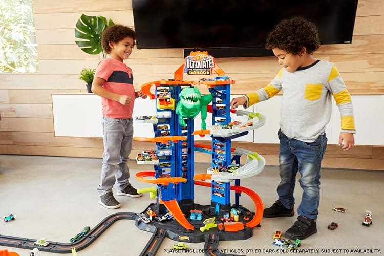 Hot Wheels Ultimate Garage Track Set with 2 Toy Cars, Hot Wheels City Playset with Multi-Level Side-by-Side Racetrack, Moving T-Rex Dino & Storage for 100+ 1:64 Scale Vehicles (Amazon Exclusive) thumbnail 2