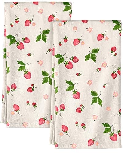 Miss Adola Flour Sack Kitchen Towels - Set of 2 Spring Dish Towels with Hanging Loop 18x26 Inch Absorbent Reusable Cotton Cloths for Cleaning Cute Design Home Decorative Housewarming, Color Strawberry - Image 1