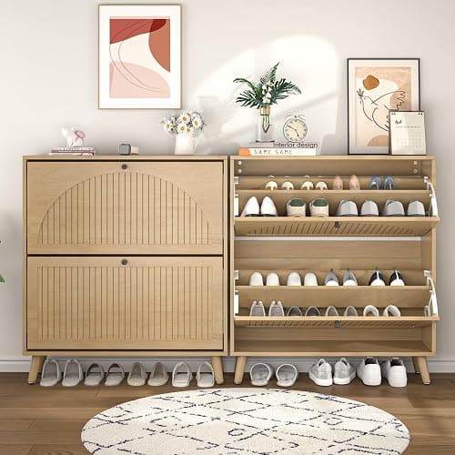 Fsbecl Shoe Storage Cabinet for Entryway with 2 Flip Drawers, Narrow Wood Shoe Cabinet with Fluted Panel, Freestanding Hidden Shoe Organizer for Foyer, Hallway (Wood Color) thumbnail 8