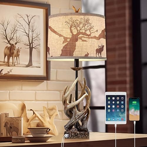 HUITICO Rustic Deer Antler Table Lamp for Living Room End Tables Farmhouse Cabin Lamps with USB A + C Charging Ports 28" Tall Western Country Bedroom Lamps for Nightstand, Single, Bulb Not Included - Image 1