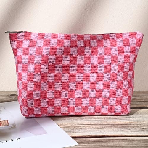 SOIDRAM 2 Pieces Makeup Bag Large Checkered Cosmetic Bag Capacity Canvas Mix Travel Toiletry Bag Organizer Cute Makeup Brushes Aesthetic Accessories Storage Bag for Women, Checkered Mix Rose Red - Rose red thumbnail 6