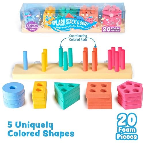 Tub Works® Splash, Stack & Sort™ Shape Sorter & Stacking Toddler Bath Toy | 20 Foam Pieces | Color Sorting & Shape Stacking Kids Bath Toys | Floats & Sticks to Tub Walls | Early Learning Bathtub Toys thumbnail 5