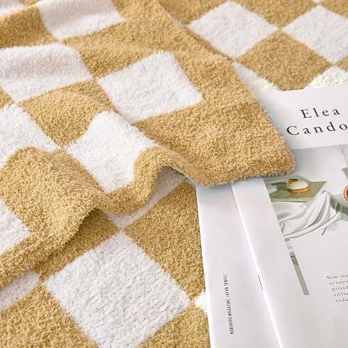 Cozzenity Checkered Throw Blanket, Khaki Soft Cozy Fluffy Knitted Throw Blankets for Couch, Sofa, Bed, Chair, Warm Fuzzy Travel Picnic Lightweight Plaid Blanket, 60x80 inches - Khaki - 60×80 Inch thumbnail 4