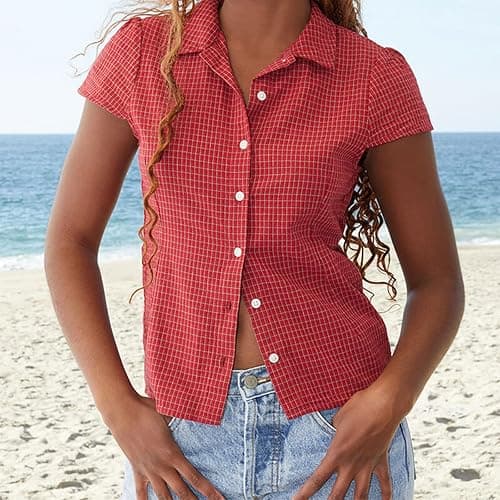 Women Short Sleeve Button Up Shirt Y2K Slim Fitted Basic Tees 2025 Summer Trendy Going Out Tops thumbnail 3