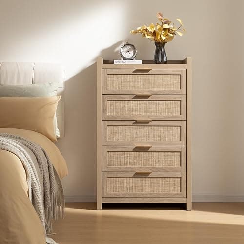 SICOTAS Dresser for Bedroom Chest of Drawers 46" Tall Dresser for Closet with 5 Rattan Drawers Boho Night Stand Large Clothes Storage Cabinet for Living Room Hallway Nursery Entryway - Reclaimed Light Oak/5 Drawers - 1 Piece thumbnail 7
