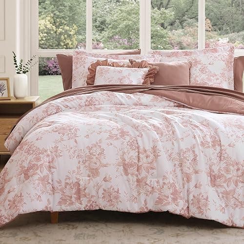 BLOOMHAVEN Queen Comforter Set -7 Pieces Pink Floral Comforter Set thumbnail 8