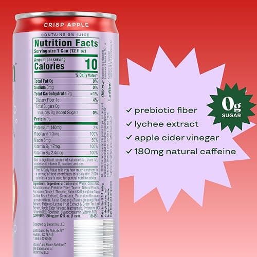 Bloom Nutrition Sparkling Energy Drink - Natural Caffeine, Zero Sugar, 180mg Caffeine - Antioxidant-Rich with Green Coffee Bean, Green Tea Extract, Prebiotics - Crisp Apple - 12oz 12 Pack thumbnail 2