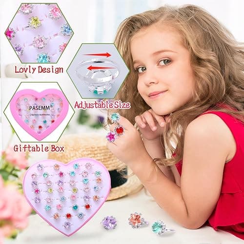 PASEMM 36pcs Little Girl Rhinestone Gem Rings,Adjustable,Random Color Style Diamond Kids Play Rings in Box,Pretend Play and Dress Up Rings for 4-12 Year Old Girl Birthday Gifts, 3 4 5 6 7 8 9 10 11 12 thumbnail 3