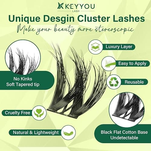 KEYYOU Lash Clusters 3D Effect Volume Eyelash Clusters Flaunt Style 144PCS D Curl Flora Wispy Look LengthLock 8–18mm Mix Ultra-Thin Black Band (PuffSilk V3D01) thumbnail 2