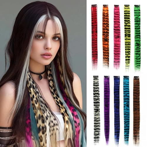 EXTACIO 10pcs/pack Raccoon Tail Hair Extensions Synthetic Clip in Leopard print Hair piece 18inch Long Straight Colorful striped Hairpieces Halloween Party Cosplay Y2K Use for Women Girls - Image 1
