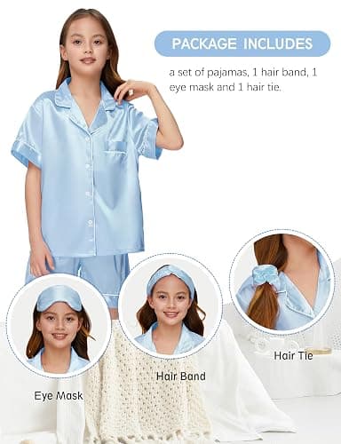 ALHAVONE Kids Girl Pajama Set with Headband Blindfold Hair Tie Toddler Boy Girl Satin Silky Button-up Pajama Sleepwear thumbnail 3