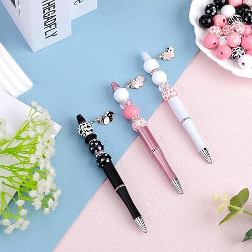 WEWAYSMILE 18 Pieces Beadable Pen DIY Cow Series Ballpoint Pen Set in Black Ink, with 110 Various Beads, 18 Pcs Lobster Clasps, 18 Cow Pendants, DIY Gifts Crafts Office Supplies thumbnail 2