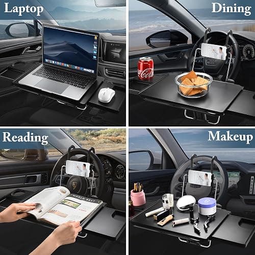 2-in-1 Car Steering Wheel Tray & Back Seat Table with Phone Holder – Height Adjustable Steering Wheel laptop desk, Food Tray , Writing Desk & Car Eating Tray - Car desk fit up to 15" Steering Wheel thumbnail 3
